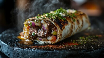 A sizzling beef shawarma wrap, stuffed with thinly sliced beef, crisp onions, and a generous serving of tahini dressing, placed on a rustic stone plate with a sprinkle of sumac, moody lighting,