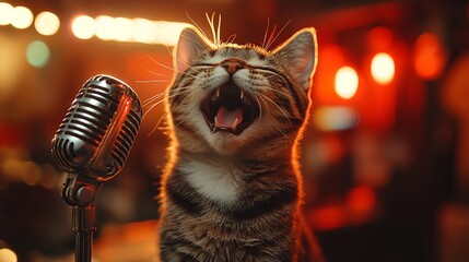Singing cat! Adorable feline croons into a vintage microphone, illuminated by warm stage lights. Purr-fect performance!