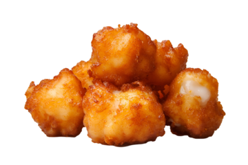 Golden fried cheese curds, a delicious and savory snack on white background