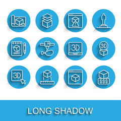 Set line 3D printer, Isometric cube, Graphing paper for engineering, services, chicken leg, and icon. Vector