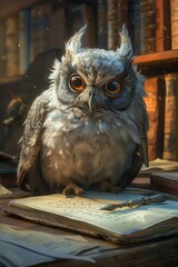 A wise owl sitting on an open book in a cozy library, surrounded by shelves filled with old books and soft lighting.