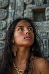 Fototapeta premium A woman gazes thoughtfully, adorned in tribal jewelry, against a backdrop of ancient stone carvings.
