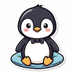 Obraz premium Cute Cartoon Penguin Sitting on a Round Blue Base for Kids' Designs