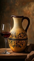 Elegant still life showcasing a glass of red wine alongside a decorative pottery pitcher, set against a warm, textured backdrop.