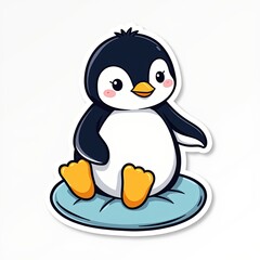 Fototapeta premium Cute Cartoon Penguin Sitting on a Round Blue Base for Kids' Designs
