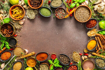 A diverse collection of vibrant spices and herbs, elegantly positioned on a brown backdrop, exuding natural beauty and a burst of fragrances, spice frame