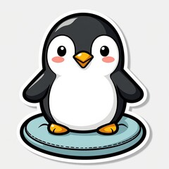 Fototapeta premium Cute Cartoon Penguin Sitting on a Round Blue Base for Kids' Designs