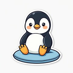 Obraz premium Cute Cartoon Penguin Sitting on a Round Blue Base for Kids' Designs