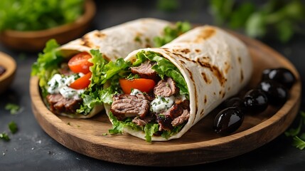 A traditional Greek gyro wrap, filled with tender slices of marinated lamb, fresh lettuce, diced tomatoes, and drizzled with creamy tzatziki sauce, wrapped in warm pita bread,