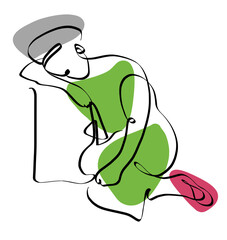 One-line art illustration of a sitting girl in a green dress, drawn with continuous black lines. A minimalist, high-resolution design capturing beauty, fashion, and passion—Wall decor