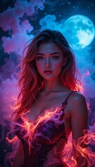 Naklejka premium Mystical beauty under the moon's glow, surrounded by colorful cosmic clouds and a shimmering, magical aura, enchanting and ethereal.