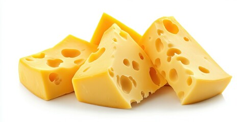 Delicious yellow cheese pieces showcasing rich texture and flavor on a white background