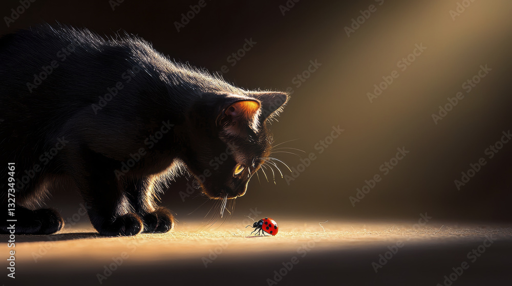 Poster curious black cat observes ladybug in soft light, creating captivating scene
