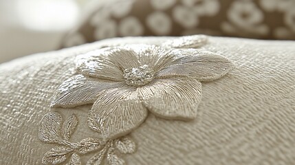 Close-up of beige textured fabric with embroidered flower.