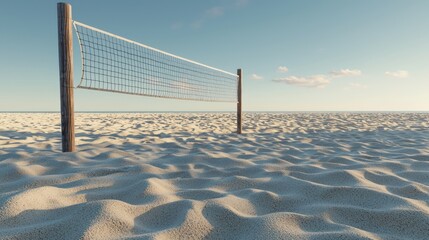 Volleyball net stretches over smooth sand, beach empty.