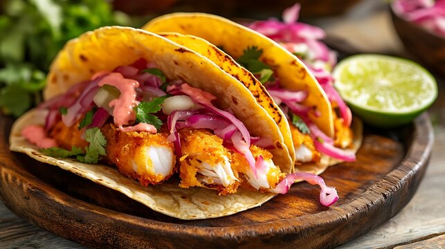A vibrant street-style fish taco wrap, featuring crispy beer-battered fish, shredded iceberg lettuce, and a squeeze of lime juice, wrapped in a warm flour tortilla,