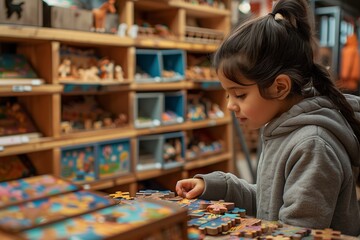 A young girl engaged in playful learning with colorful toys in a vibrant store environment.