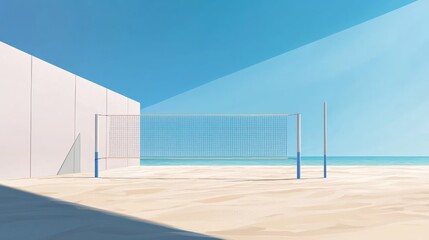 Smooth sandy volleyball court awaits players, net ready.