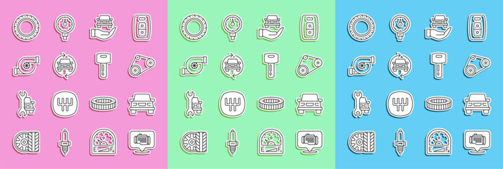 Set line Check engine, Car, Timing belt kit, Auto service check automotive, Automotive turbocharger, tire wheel and key with remote icon. Vector