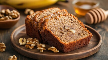 Delicious Homemade Banana Bread Slices Displayed with Walnuts and Honey Drizzle