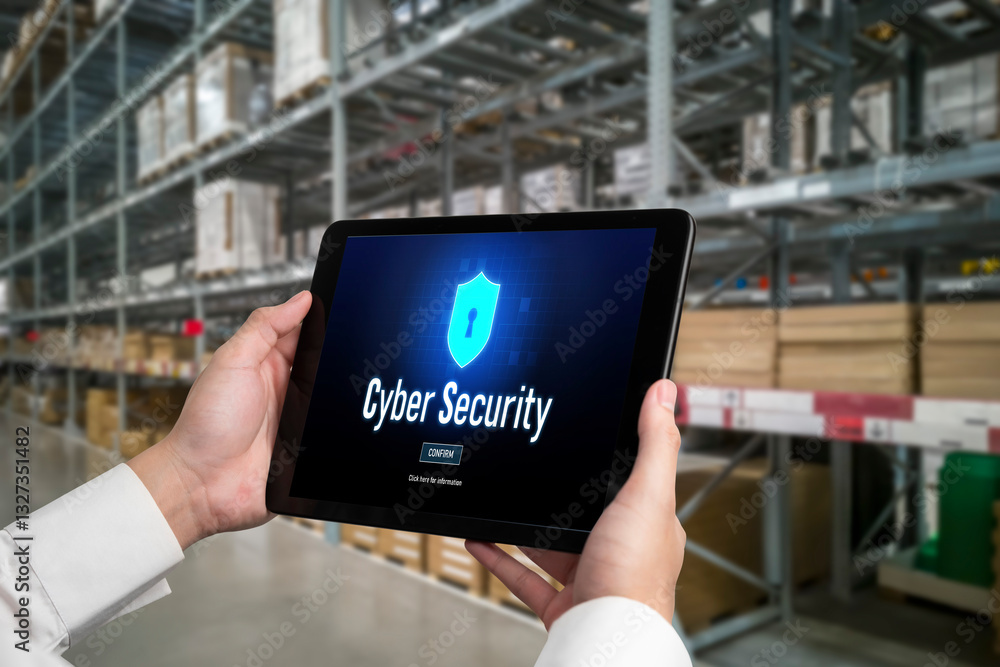 Poster cyber security system on computer screen protect private information snugly from hacker and cyber at