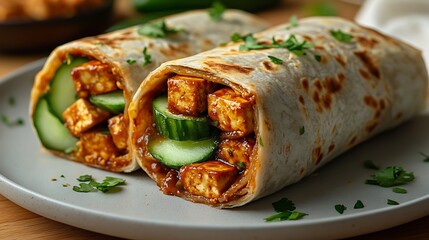 A wholesome tofu wrap, bursting with flavors from tangy peanut sauce, crunchy cucumber slices, and saut&eacute;ed tofu pieces, served on a minimalistic white plate, warm and inviting tones,