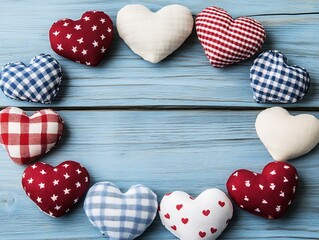Hearts arranged in a circle on a blue wood table