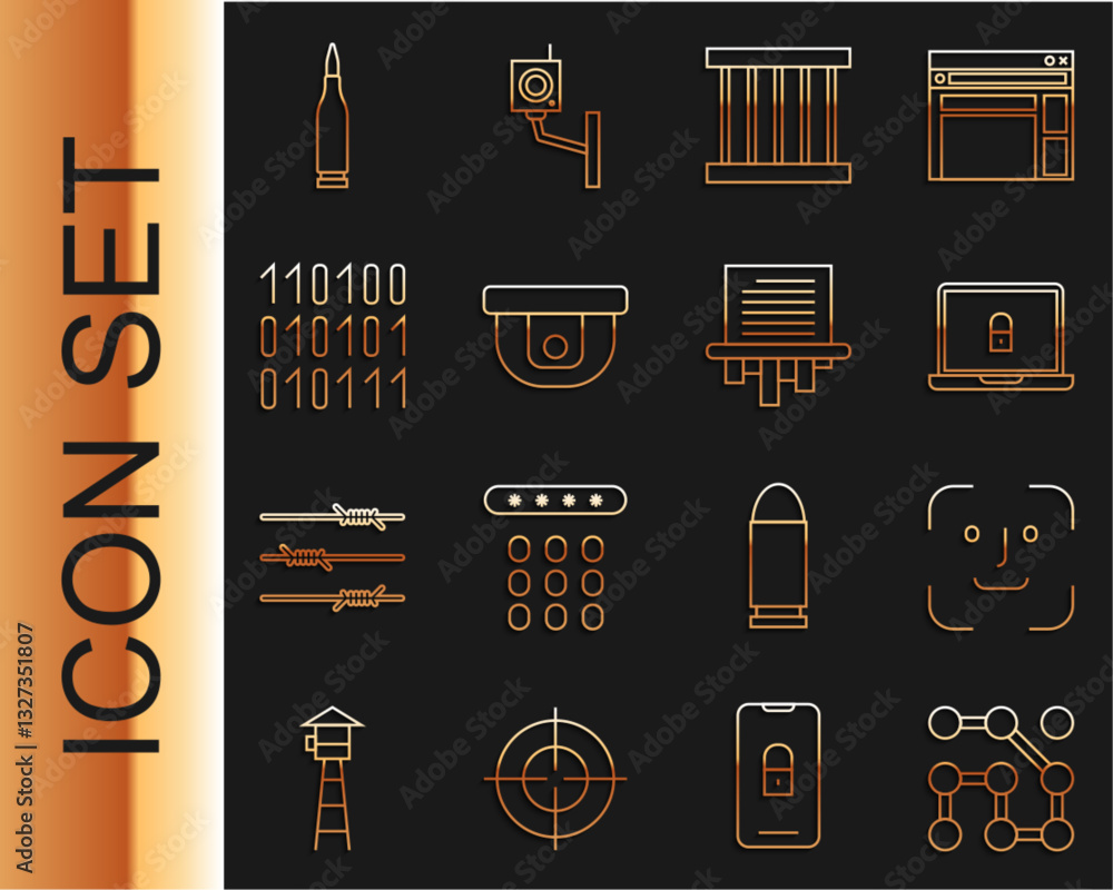 Poster set line graphic password protection, face recognition, laptop and lock, prison window, motion senso