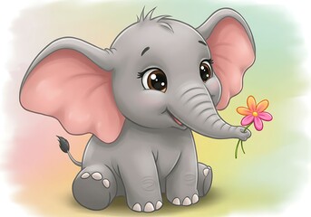 Fototapeta premium Cute Elephant Cartoon Holding Flower Sitting Down Illustration for Children