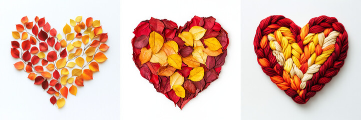 Set of Love Design, a heart made of yarn, Love design made of leaves, A red and yellow color Flat lay composition featu isolated on a transparent background