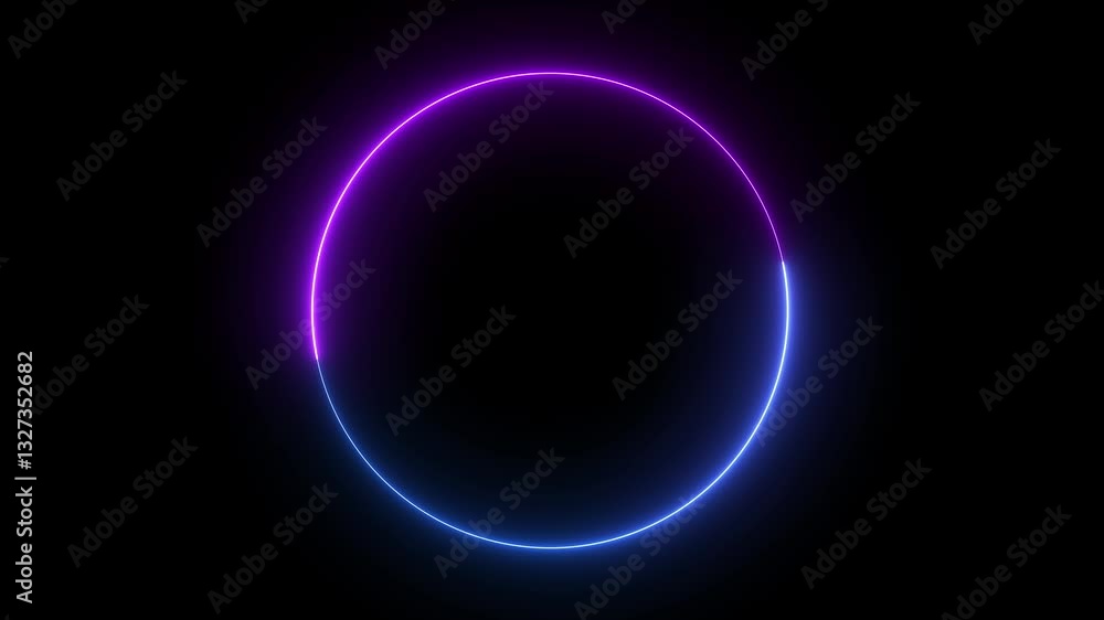 Poster abstract blue pink neon glowing circle frame, animated moving led light screen ring projection 3d re