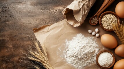 Baking Essentials: A rustic kitchen table scene with flour, eggs, oats, and wheat, ready for baking, evokes warm, homey comfort. 