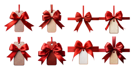 Elegant Gift Tags with Red Ribbons and Bows for Special Occasions, Bundle Set Collection, Isolated on Transparent Background