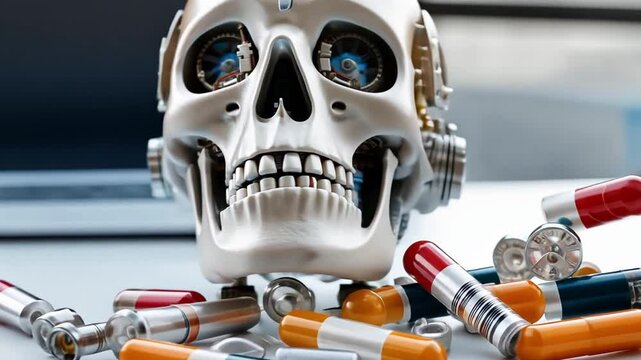 A detailed look at a robotic skull alongside an array of colorful capsules symbolizes the intersection of technology and healthcare. This setup highlights innovation in medical science