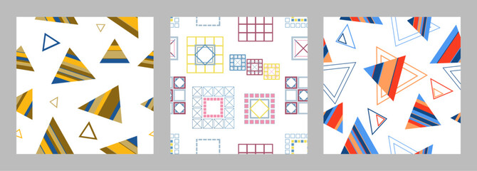 Seamless pattern of geometric shapes. Bright seamless pattern. Set of 3 patterns. Design for fabric, wallpaper, wrapping paper. Vector