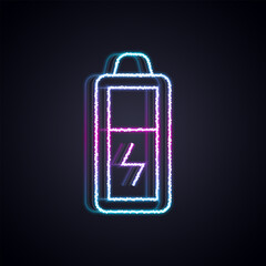 Glowing neon line Battery icon isolated on black background. Lightning bolt symbol. Vector