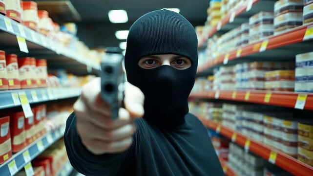Masked Criminal Robbing a Supermarket Aisle With Gun Pointed Forward in Dramatic Motion Blur