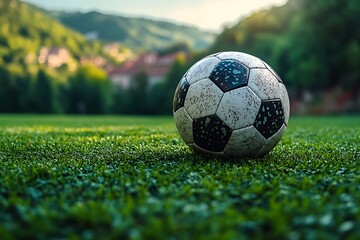 Fototapeta premium Soccer Ball on Lush Green Grass with Blurred Mountain Background