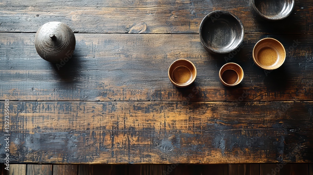 Poster rustic tableware arrangement: captivating overhead shot of a worn wooden table set with earthenware 