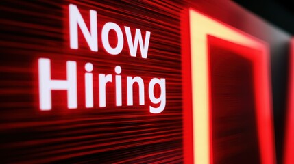 A close-up shot of a glowing "Now Hiring" sign in white letters against a dark background with a blurred red and orange rectangular outline