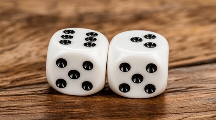 Two white dice with black pips are arranged side-by-side on a textured wooden surface