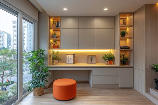 Bright workspace with plants and integrated cabinetry in a modern apartment