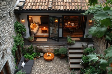 Charming courtyard with stone walls and cozy indoor-outdoor living spaces Home design