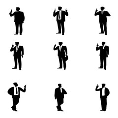 Collection of nine unique silhouettes of businessmen in suits, each pointing upwards. Ideal for presentations or business-related designs.