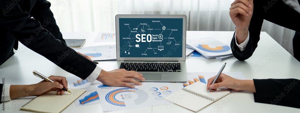 Poster seo search engine optimization for brisk e-commerce and online retail business showing on computer s