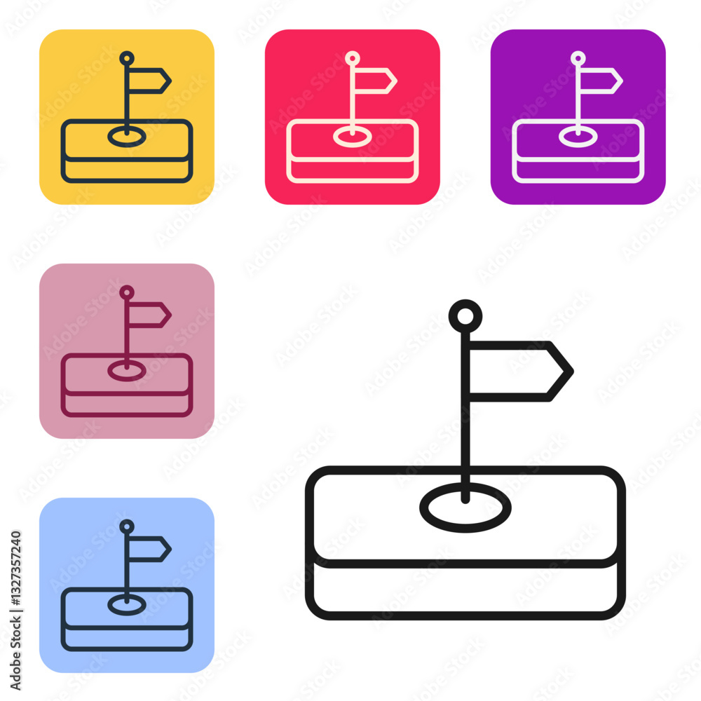 Poster black line flag icon isolated on white background. location marker symbol. set icons in color square