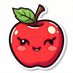 Cute Cartoon Apple with Smile and Leaf on Simple Background