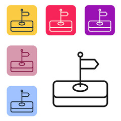 Black line Flag icon isolated on white background. Location marker symbol. Set icons in color square buttons. Vector