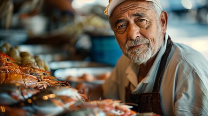 An elderly vendor showcases fresh seafood, embodying tradition and craftsmanship in a bustling marketplace.