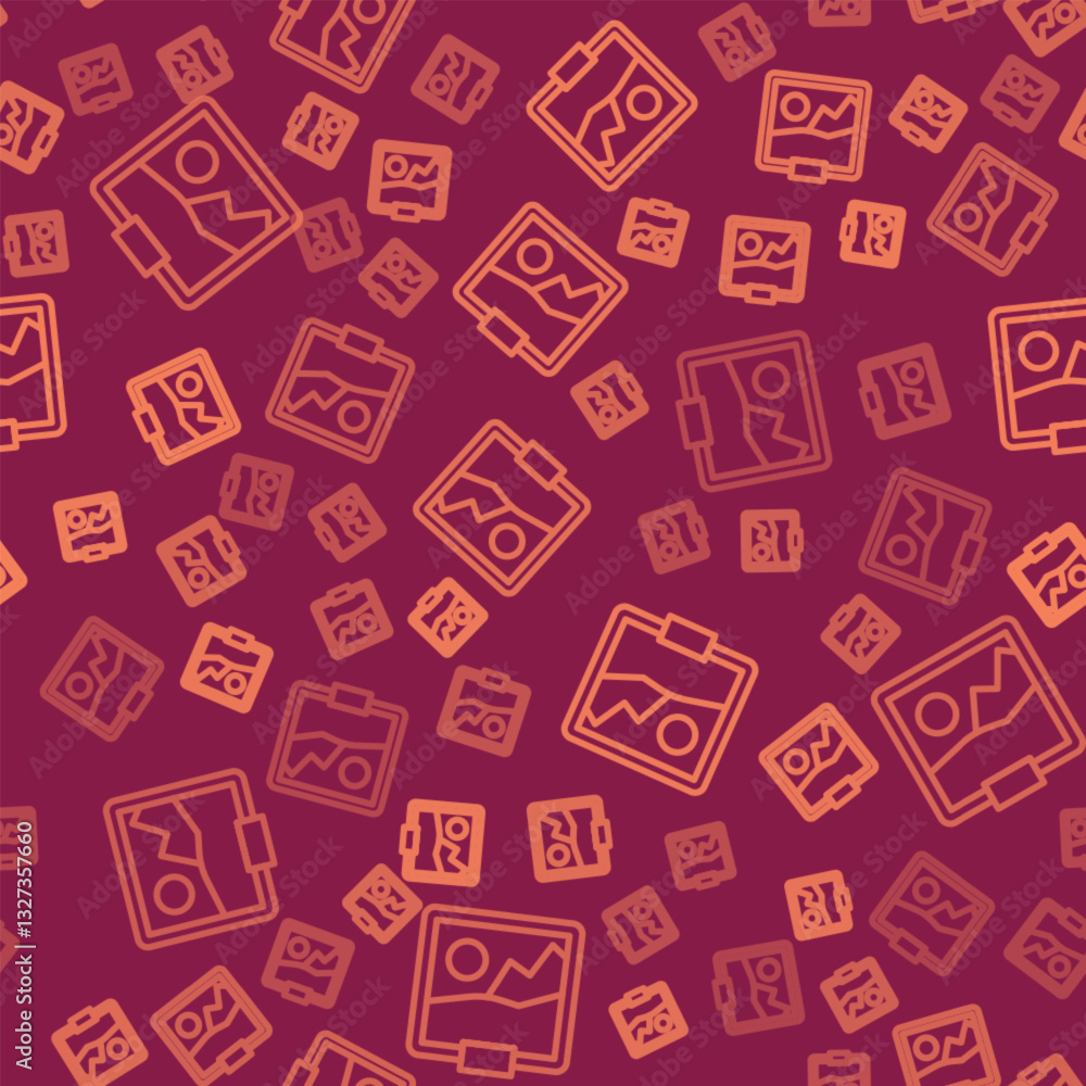 Poster brown line picture icon isolated seamless pattern on red background. vector